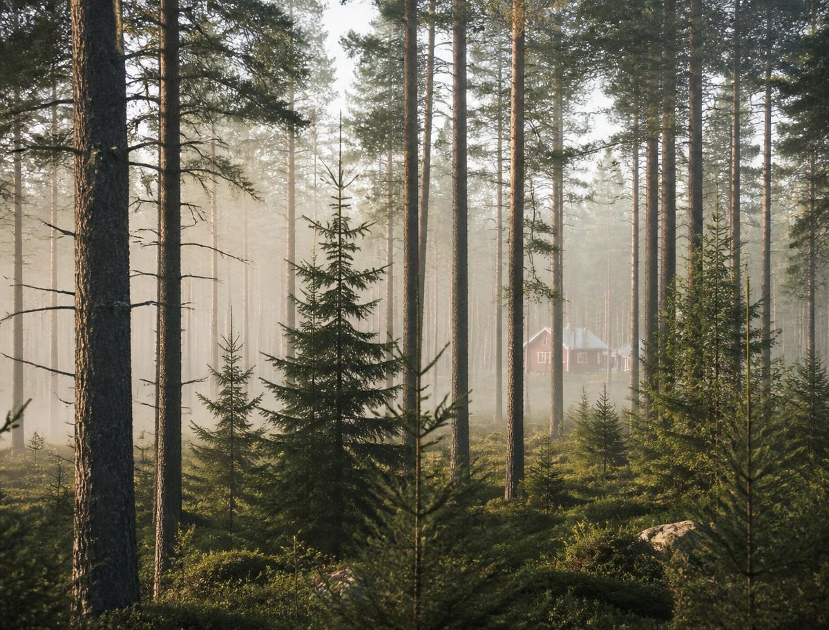 Solbelyst granskog med ett rött hus i bakgrunden