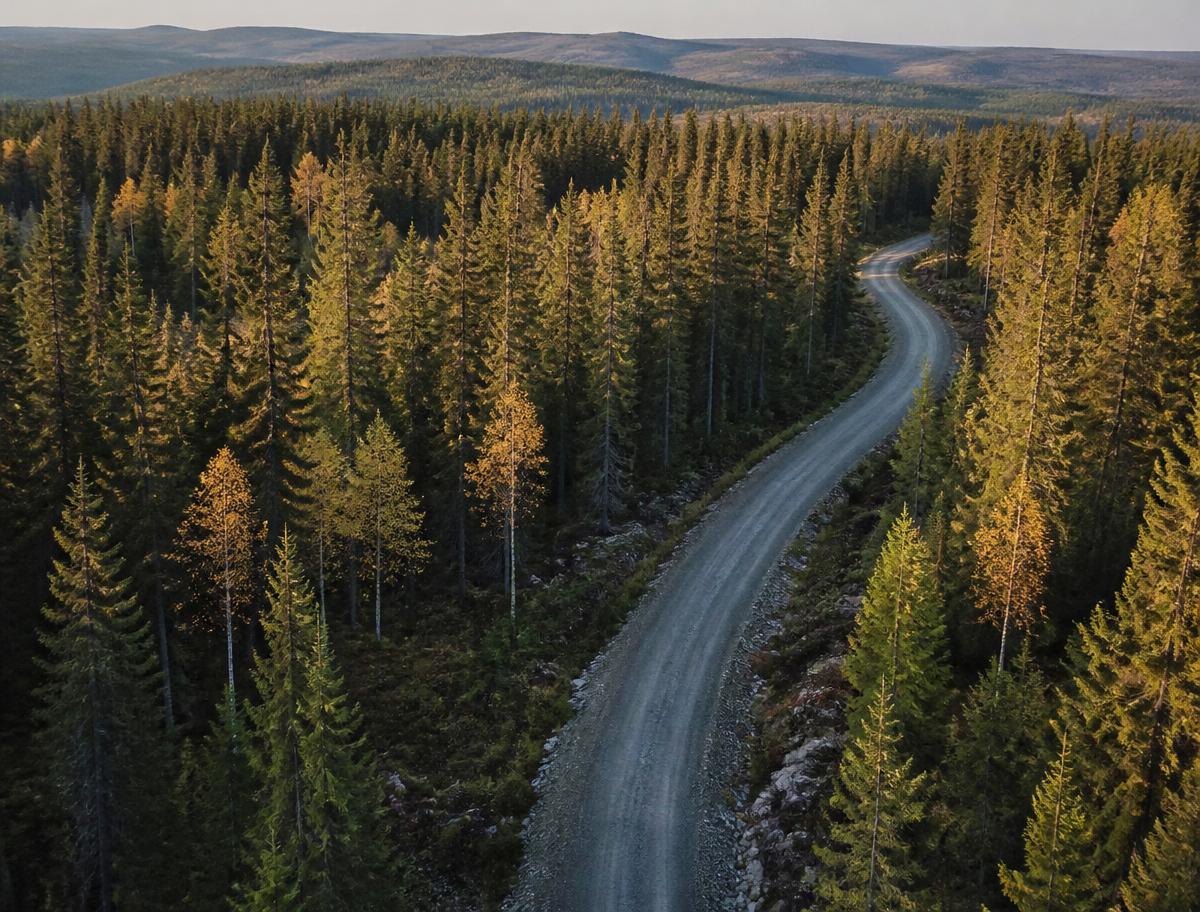 Grusväg som slingrar sig genom höstlig barrskog